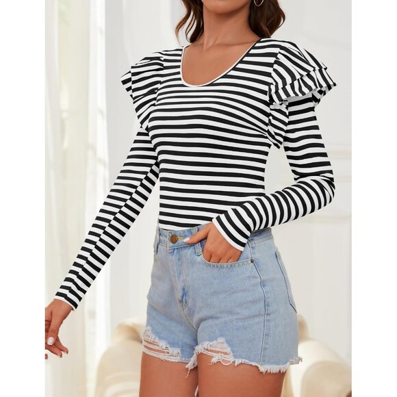 Women's Striped Ruffle Long Sleeve Scoop Neck Casual Top Slim Fit Autumn - Picture 3 of 8